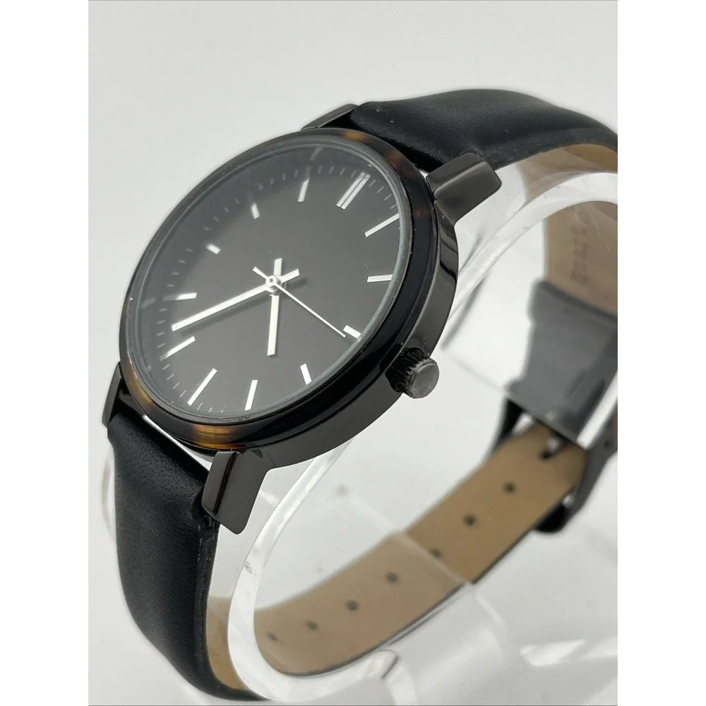 A Day New Watch Women 35mm Case Tortoise Shell Bezel Black Band-‎ New Battery